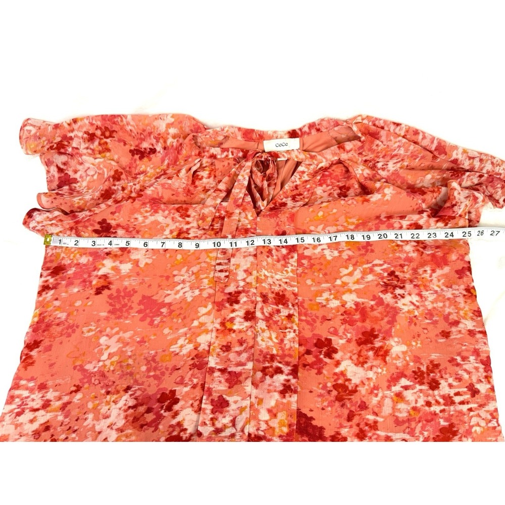 CeCe 1X Coral Pink Floral Sheer Blouse Tie Neck Flutter Sleeve Romantic - Picture 5 of 8